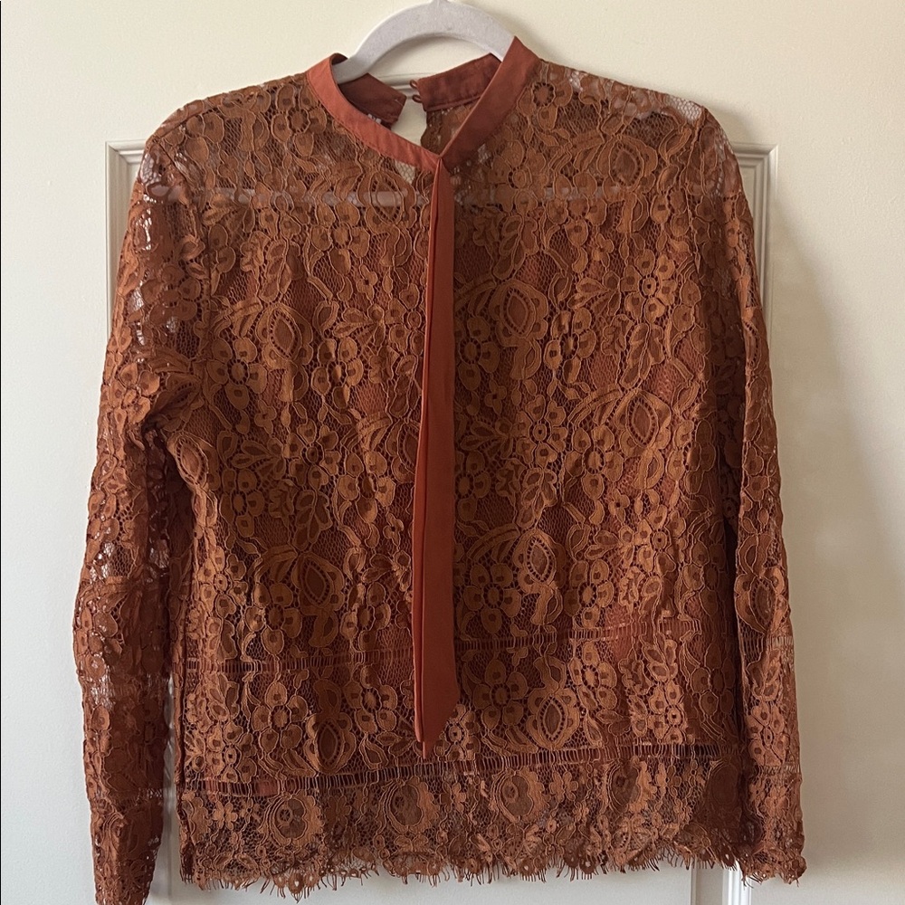 Women's Rust Lace Tie-Neck Blouse